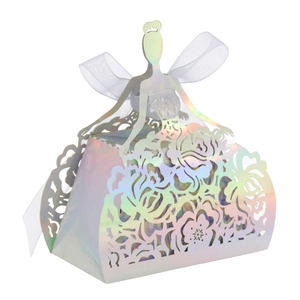 Iridescent laser cut candy box featuring a ballet dancer silhouette and white ribbon