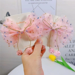 Barrette à Cheveux Nœud en Maille à Pois pour Filles Fait à la Main Paillettes Tulle Épingles avec Pendentifs Pompons