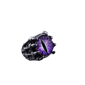 Gothic punk dragon claw ring with purple devil eye on a polished silver alloy band