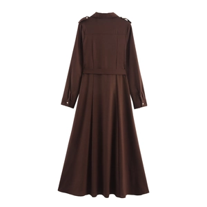 Dark brown long sleeve linen maxi dress featuring a utility style waist belt and back view