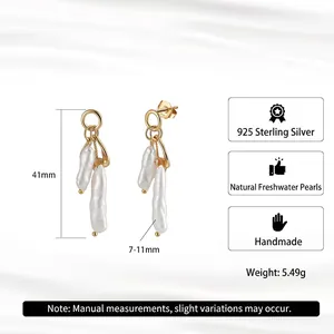 Elegant 925 sterling silver baroque pearl drop earrings with 14K gold plating finish