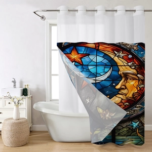 Detail of waffle weave shower curtain with colorful stained glass moon and stars print