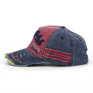 Vintage washed baseball cap with navy and burgundy patchwork and rebel letter embroidery
