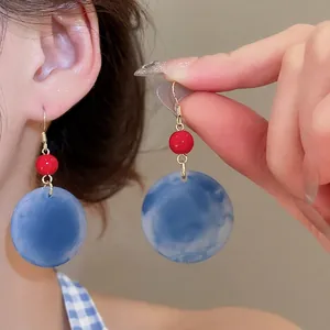 Boucles D'oreilles Pendantes Style Palais Rétro Acrylique Géométrique Marbre Bleu Rond Perle Rouge Tige En Argent Pour Femmes