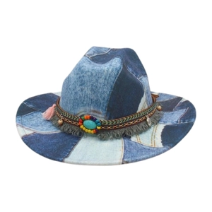 Vintage patchwork denim cowboy hat with ethnic beaded band and turquoise accent