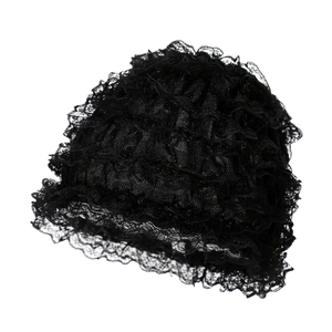 Elegant black layered lace stretch turban hat for women with retro floral mesh design