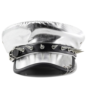 Silver punk flat top cap with metallic finish, black leather strap and metal rivets