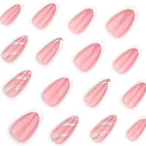 Classic white French almond press-on nails with silver glitter wavy art and pink base
