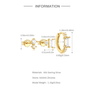Detailed size chart for S925 sterling silver gold earrings with AAAAA cubic zirconia