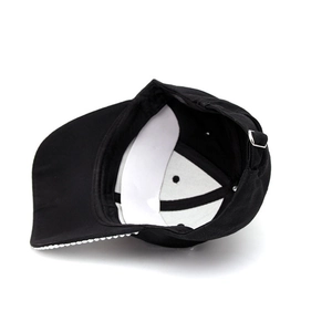 Black baseball cap with rhinestone trim on brim featuring adjustable metal buckle