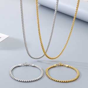 Matching silver and gold stainless steel Franco chain necklace and bracelet jewelry set