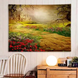 Detail of wall tapestry showing a forest path garden scene on a white wood wall