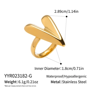 Detail view of gold stainless steel ring with dimensions, weight and waterproof features
