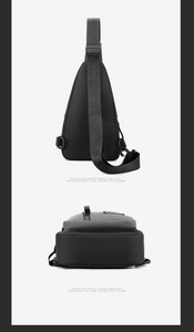 Detail view of durable black nylon crossbody chest bag with multi-layer storage compartments