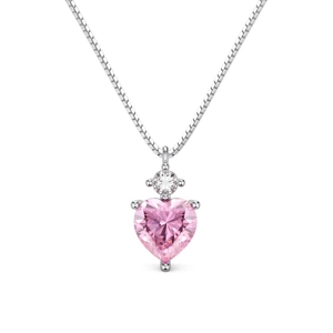 S925 sterling silver necklace with sparkling round diamond and pink heart pendant