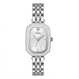 Elegante silberne achteckige Damenuhr mit Strass-Lünette und Edelstahlarmband