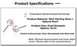 Detail of 6mm natural freshwater pearl stud earrings featuring S925 sterling silver posts