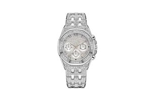 Macro detail of silver diamond-encrusted steel strap and octagonal bezel on men's luxury watch