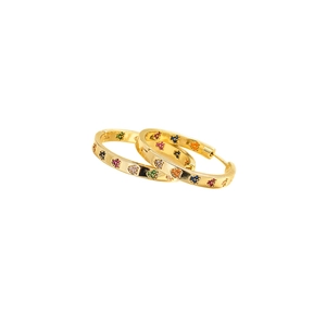 Elegant gold hoop earrings with multi-colored heart-shaped zirconia stones on white background