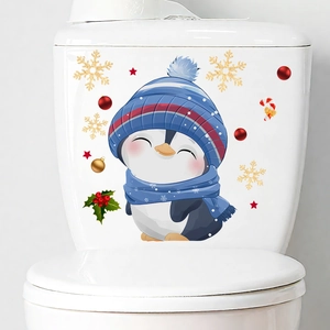 Detail of Christmas cartoon penguin toilet sticker with snowflakes and festive ornaments
