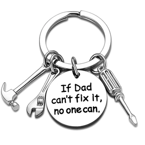 Detail of silver stainless steel keychain with mini tools and engraved Father's Day quote
