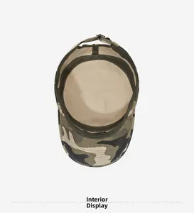 Detail view of cotton camo military cap showing light beige lining and sweatband