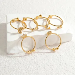Minimalist Gold Plated Stainless Steel Rhinestone Open Rings For Women Moon Star Dolphin Fish Tail Adjustable Finger Jewelry