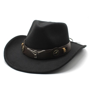 Vintage Western Cowboy Hat For Men Women Woolen Cotton Wide Brim Fedora With Bull Head Metal Ornament Leather Band Jazz Hat