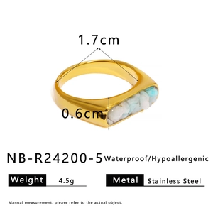 Macro shot of gold stainless steel ring featuring blue and white crushed stone inlay