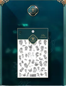 Détail des stickers ongles TS-726 avec motifs roses et lapins dessinés à la main