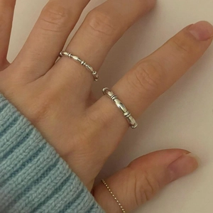 Minimalist 925 sterling silver bamboo textured ring set with layered gold bead accents