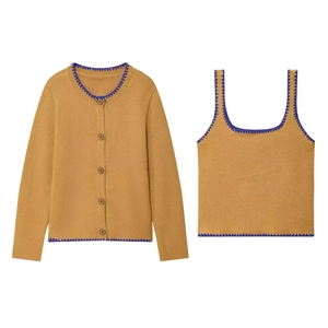 Women Casual Knitted Two Piece Set Contrast Embroidery Button Cardigan And Camisole Slim Fit Long Sleeve Streetwear Top