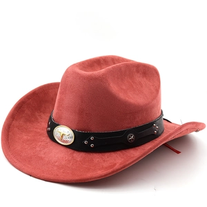 Close-up of brick red suede cowboy hat with bull head metal buckle and silver star studs