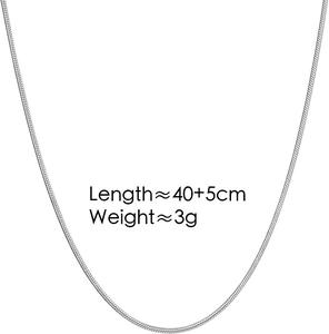Detail of silver round snake chain necklace featuring a 40cm length and 5cm extension