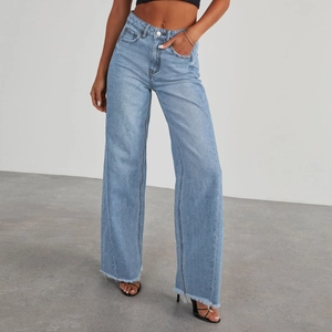 Jean Jambe Large Taille Haute pour Femme Ourlet Effiloché Pantalon en Denim Streetwear Jambe Droite Vintage Décontracté
