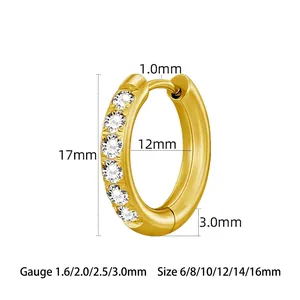Polished stainless steel gold hoop earrings with white zircon stones and size measurements