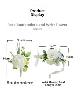 Detail view of white bridal corsage and wristlet set with specific size measurements
