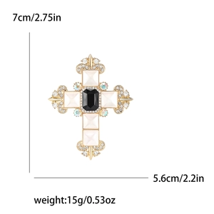 Baroque style gold cross brooch with black and white rhinestones for suits and coats