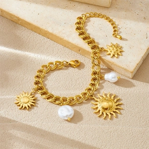 Vintage gold sun pendant pearl stainless steel layered bracelet for women