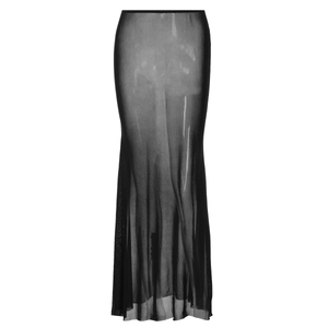 Detail view of a black sheer mesh maxi skirt with a slim silhouette on white background