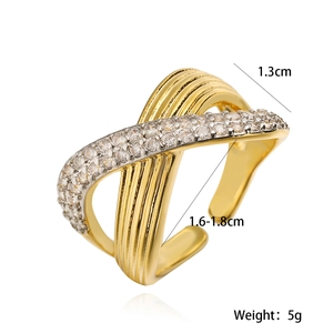 Two-tone plated X-shape criss-cross open ring with zircon accents in gold finish