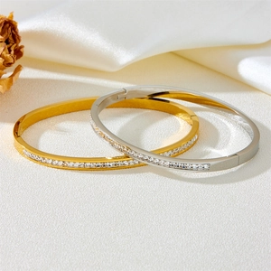 Stainless Steel Bangle For Women With Full Row Square Cubic Zirconia Stones Luxury Polished Hinge Opening Jewelry