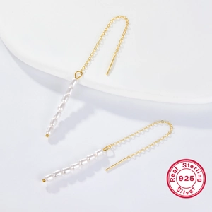 Elegant S925 sterling silver long tassel drop earrings with white shell pearls in gold