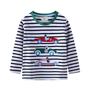 Jungen Langarm Gestreiftes T-Shirt Gekämmte Baumwolle Rennwagen Stickerei Rundhals Lässiges Oberteil Frühling Herbst Kinderkleidung