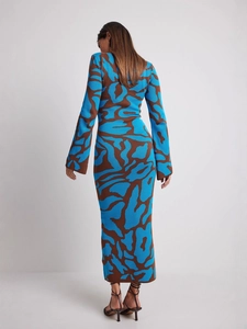 Women's leopard print knit maxi dress with long sleeves and abstract blue brown texture