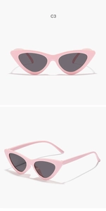 Detailed front and side view of cat-eye sunglasses in light pink with dark grey lenses