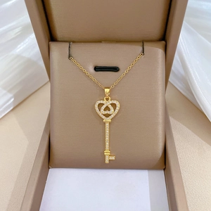 Heart Key Pendant Necklace Stainless Steel Chain Copper Micro Inlaid Rhinestone Luxury Elegant Jewelry For Women