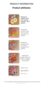 Détails des boucles d'oreilles en acrylique coloré montrant les tailles et poids des modèles