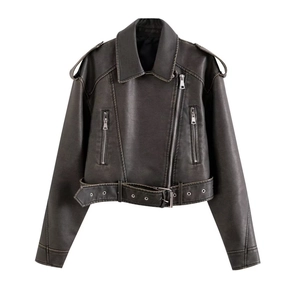 Veste en cuir de moto délavée vintage avec ceinture et épaulettes en gris noir