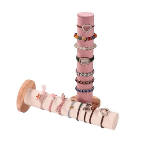 Support de présentation en velours rose et lin beige pour bijoux et accessoires